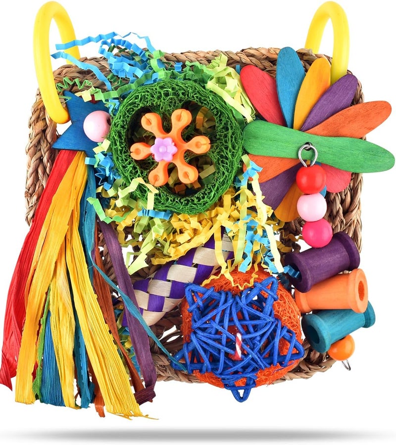 ERKOON Bird Cockatiel Toys Foraging Toys Hanging Parrot Toys for Lovebrid Parakeets Conures Bird Foraging Wall with Colorful Toys for Birds Shredding Seagrass, Birds Cage Toy Accessories - Image 1